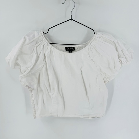 J.Crew Tops - J. Crew White Cropped Puff Sleeve Top Size 14 Smocked Regenerative Cottin Poplin